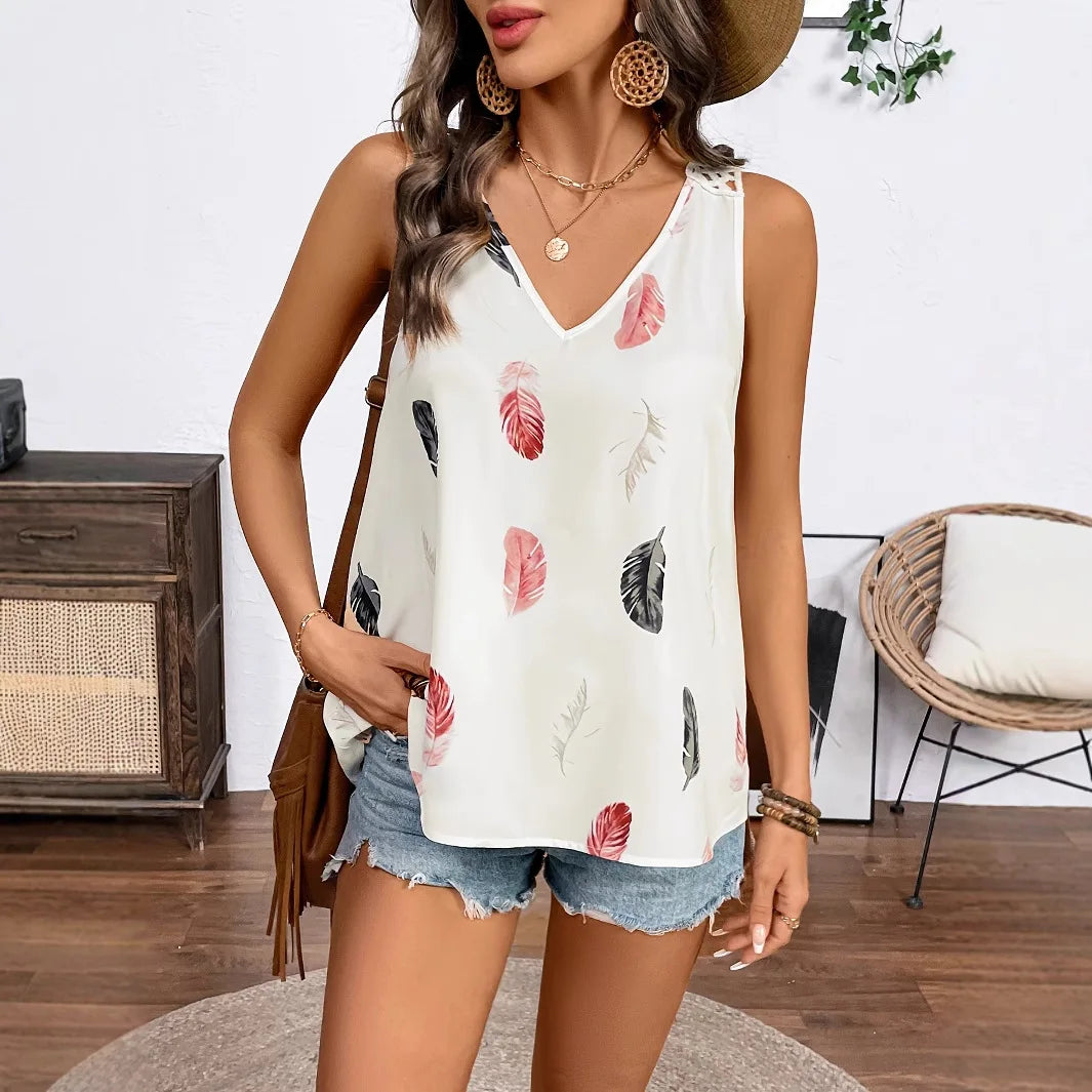 Hollow out Tank Top Sleeveless Perspective  Feather Flower Print Spaghetti Strap Tank Top Women New Back Lace Halter Neck Summer