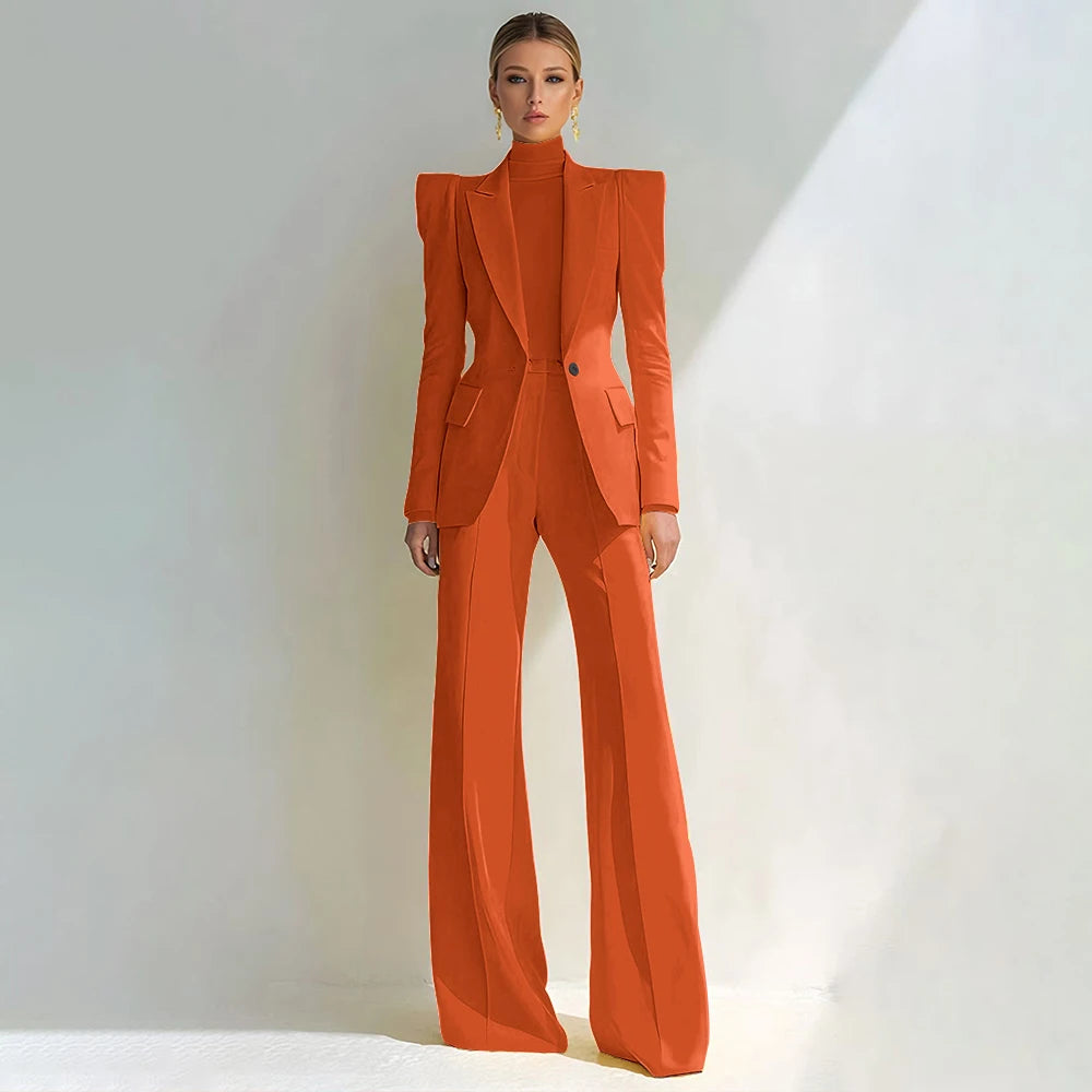 Professional Women's Red Suit Peaked Lapel Single Button Female Elegant Blazer and Flared Pants 2Piece Set Formal Office Wear