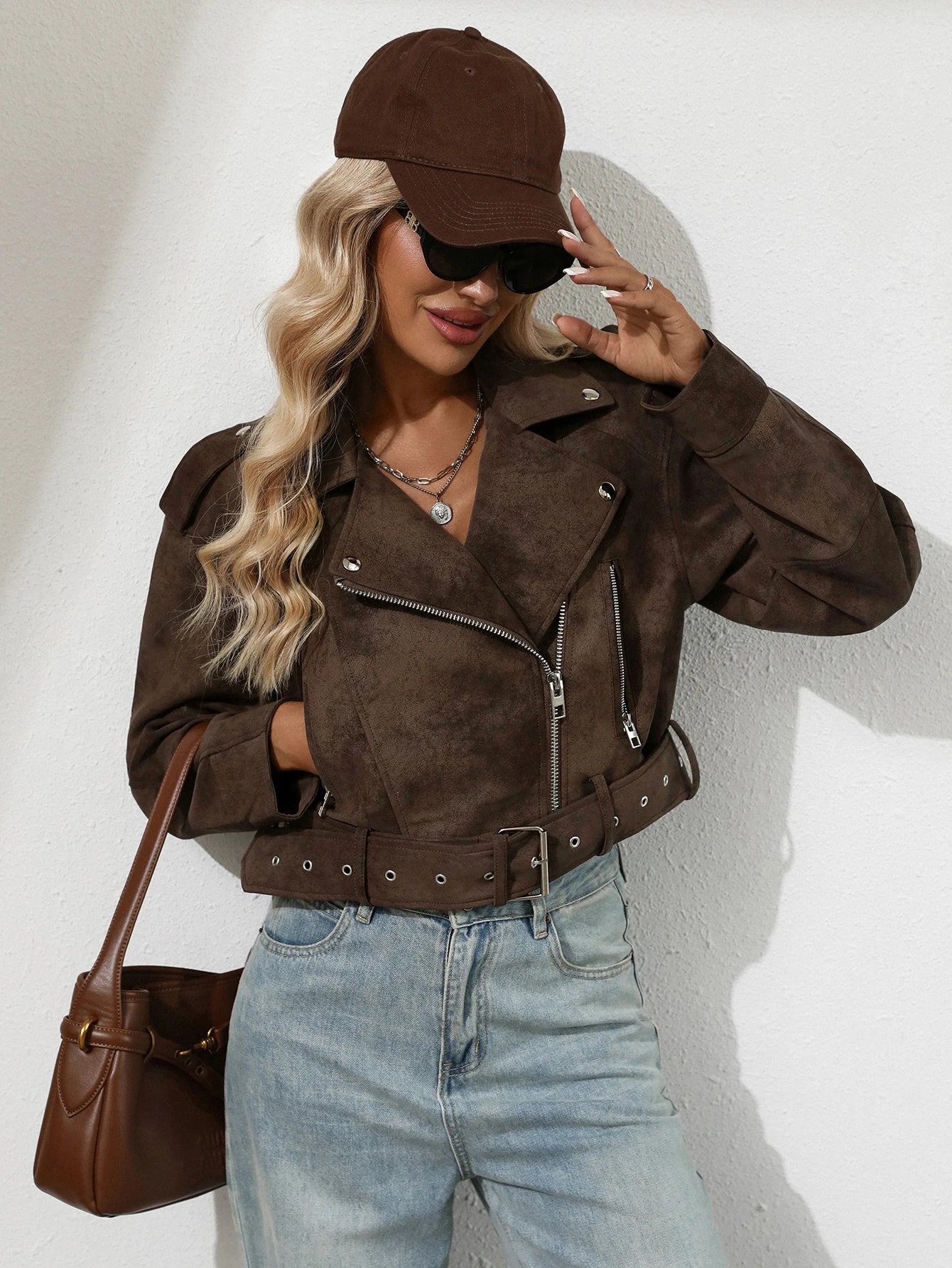 Women Faux Suede Leather Cropped Jacket Vegan Motor Biker Coat Bomber Causal Outwear with Belt