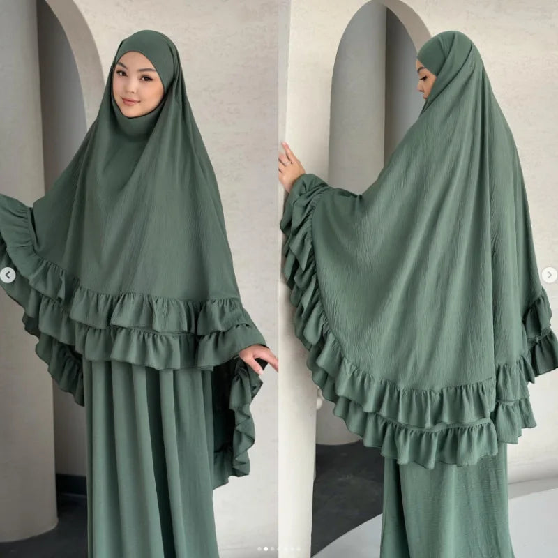 Eid Women Prayer Garment Dress 2 Piece Set Long Khimar Muslim Abaya Dubai Party Dresses Kaftan Robe Longue Vestidos Largos