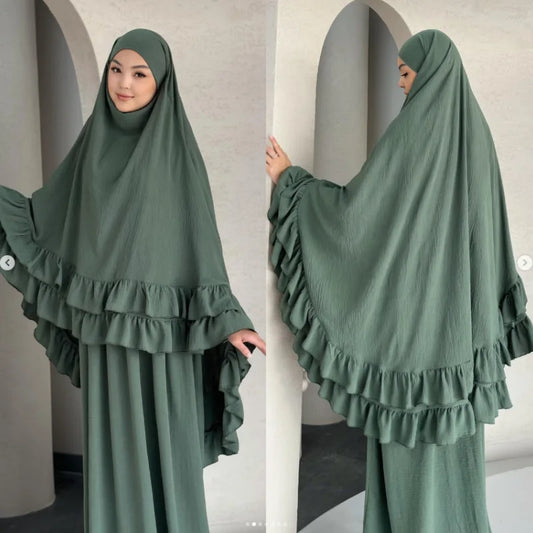 Eid Women Prayer Garment Dress 2 Piece Set Long Khimar Muslim Abaya Dubai Party Dresses Kaftan Robe Longue Vestidos Largos