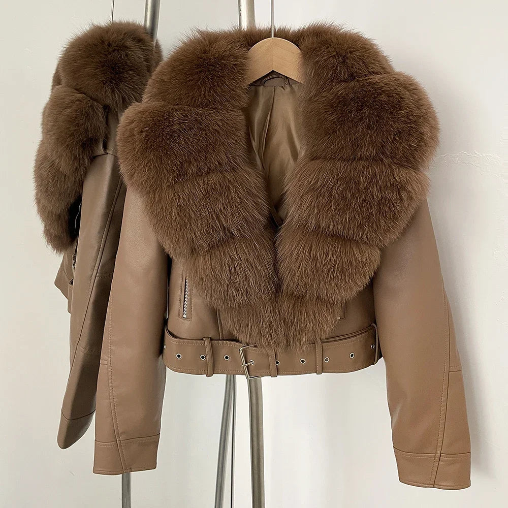Natural Fox Fur Real Fur Coat Faux PU Leather Jacket Female New Autumn Short Top Clothing Women Long Sleeve Fake Leather Coat