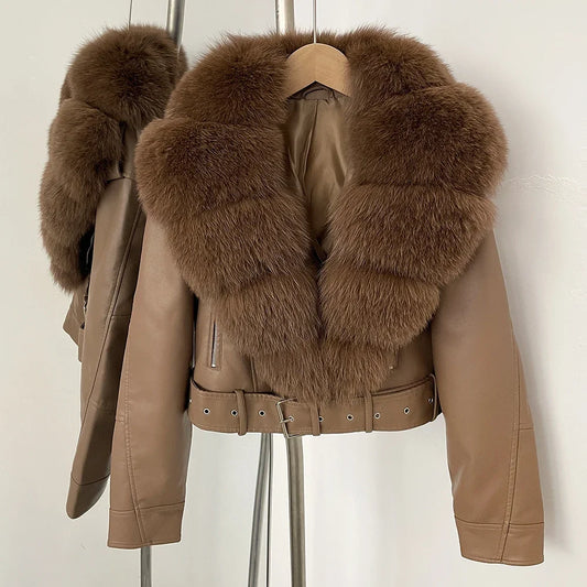 Natural Fox Fur Real Fur Coat Faux PU Leather Jacket Female New Autumn Short Top Clothing Women Long Sleeve Fake Leather Coat