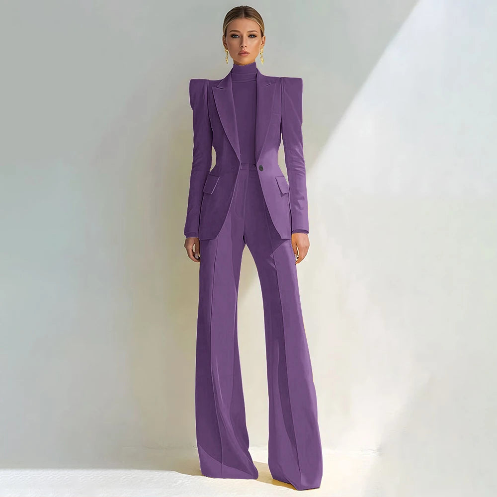 Professional Women's Red Suit Peaked Lapel Single Button Female Elegant Blazer and Flared Pants 2Piece Set Formal Office Wear