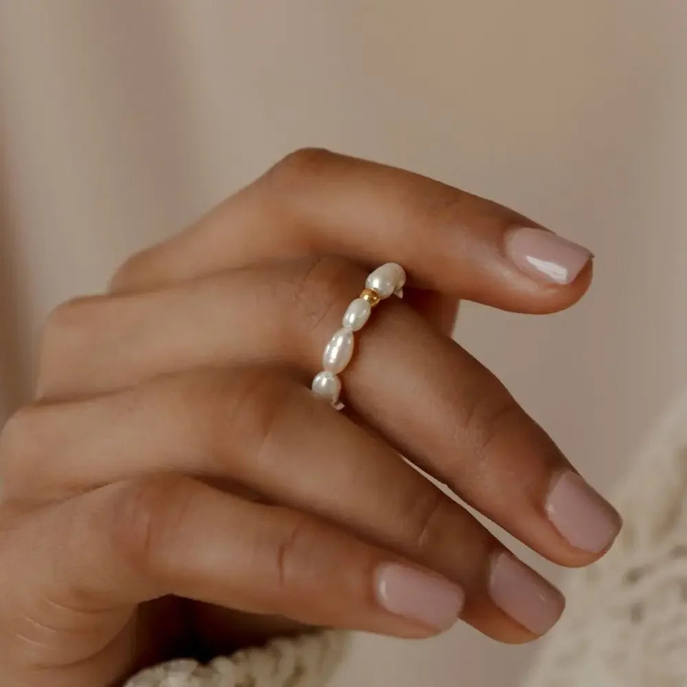 eManco Delicate Minimalist Imitation Pearl Ring Gold Color Beads Stainless Steel for Women Daily Wear & Dating Jewelry
