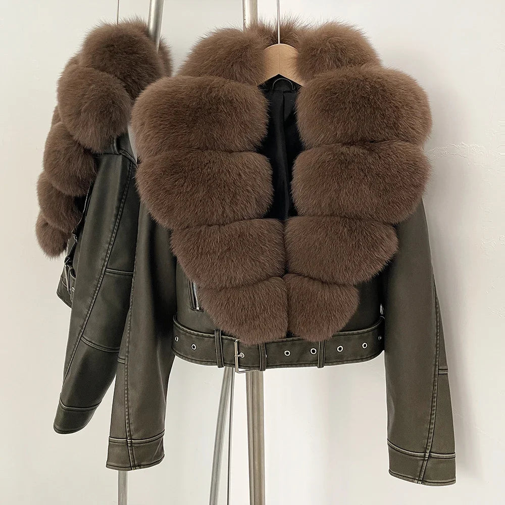 Natural Fox Fur Real Fur Coat Faux PU Leather Jacket Female New Autumn Short Top Clothing Women Long Sleeve Fake Leather Coat