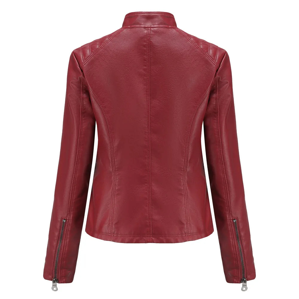 Spring New Casual Women Leather Jacket Stand Collar Slim Fit Short PU Leather Coat Solid Classic Female Outerwear