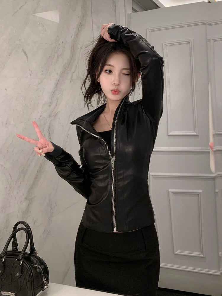 Black Slim Long Sleeve Leather Jacket Women Darkly Gothic Zipper Thin Skinny Coat Female Hepburn Y2k Vintage Clothes Hot Girl