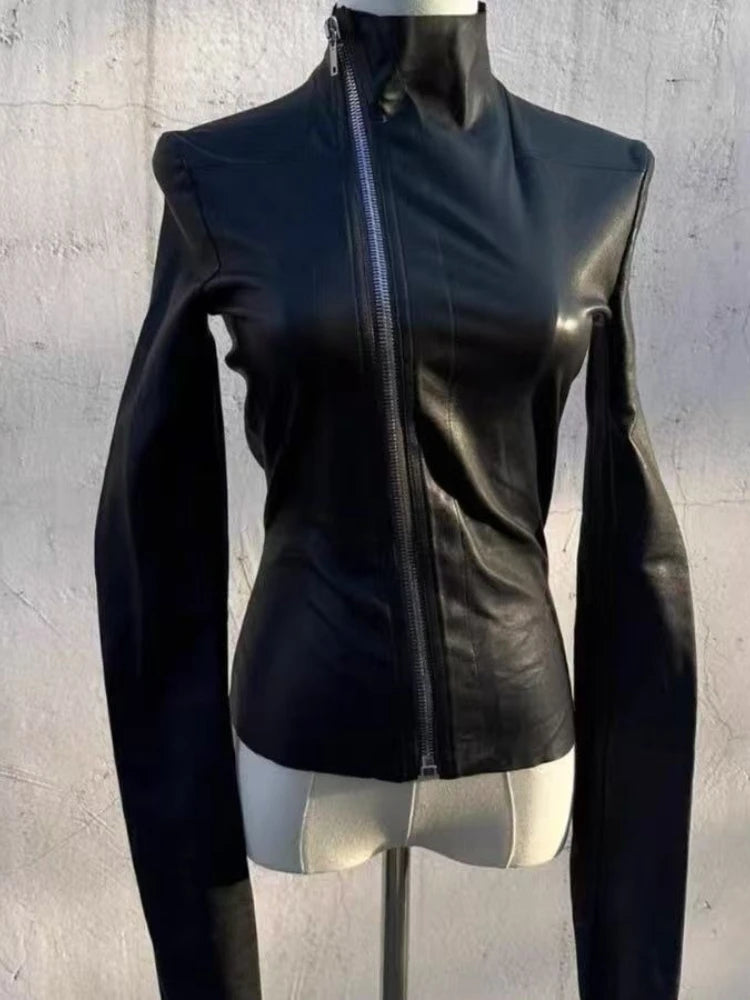 Black Slim Long Sleeve Leather Jacket Women Darkly Gothic Zipper Thin Skinny Coat Female Hepburn Y2k Vintage Clothes Hot Girl