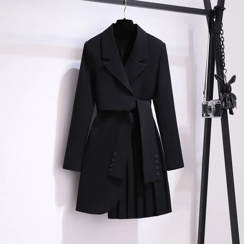 Women 2025 Spring New Fashion Women Clothing Suit Skirt Jacket Belt Waist Slim Suit Women Blazer Long Coat Black Blazers