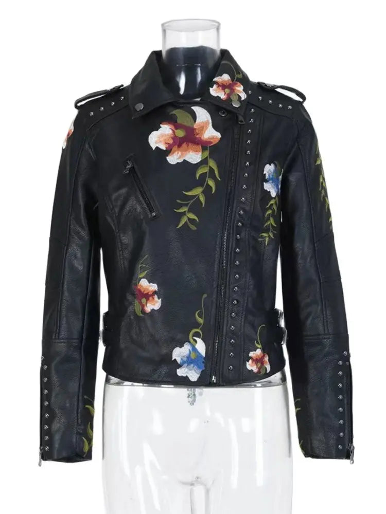 Women's Floral Print Embroidery Faux Leather Jacket  | Faeva London