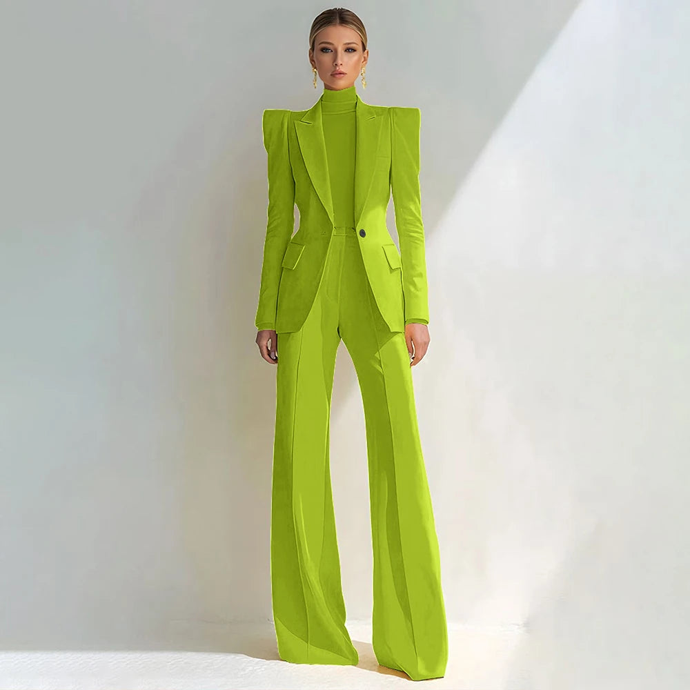 Professional Women's Red Suit Peaked Lapel Single Button Female Elegant Blazer and Flared Pants 2Piece Set Formal Office Wear