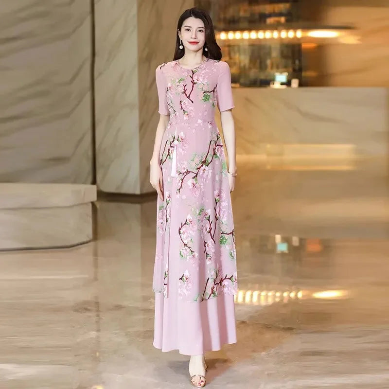 New Chinese Style Short Sleeved Dress for Women 2025 Summer New Style Retro Slimming Temperament High-End Chinese Style Skirt