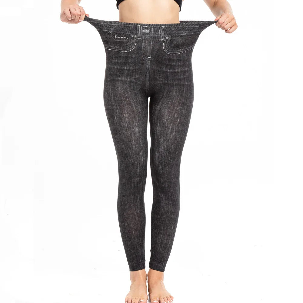 Skinny High Waisted Leggings Women Imitation Jeans Yoga Pants Fashion Printed Elastic Shapewear Fitness Jogging Cycling Tights