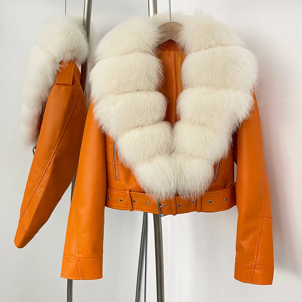 Natural Fox Fur Real Fur Coat Faux PU Leather Jacket Female New Autumn Short Top Clothing Women Long Sleeve Fake Leather Coat