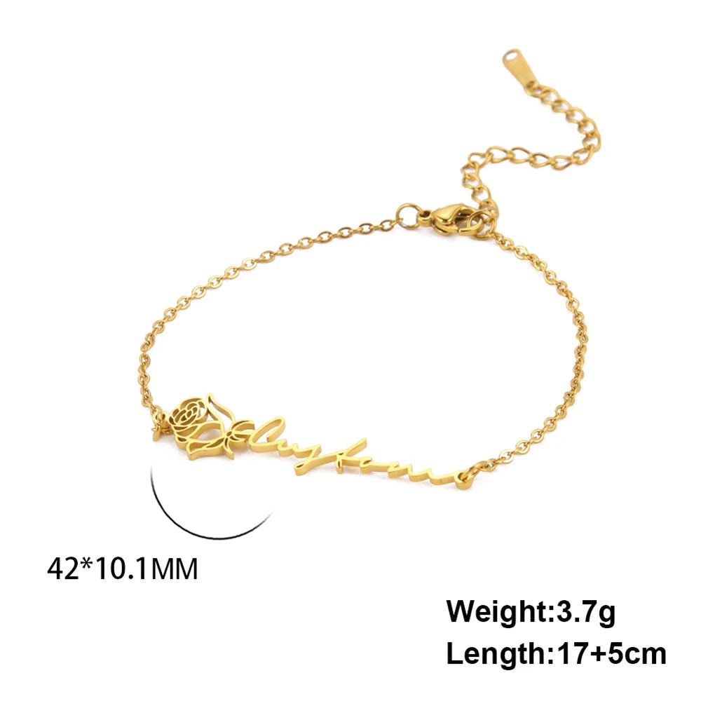 Lemegeton Custom Birth Flower Name Bracelets For Women Personalized Stainless Steel Rose Bracelet Jewelry Valentine’s Day Gifts