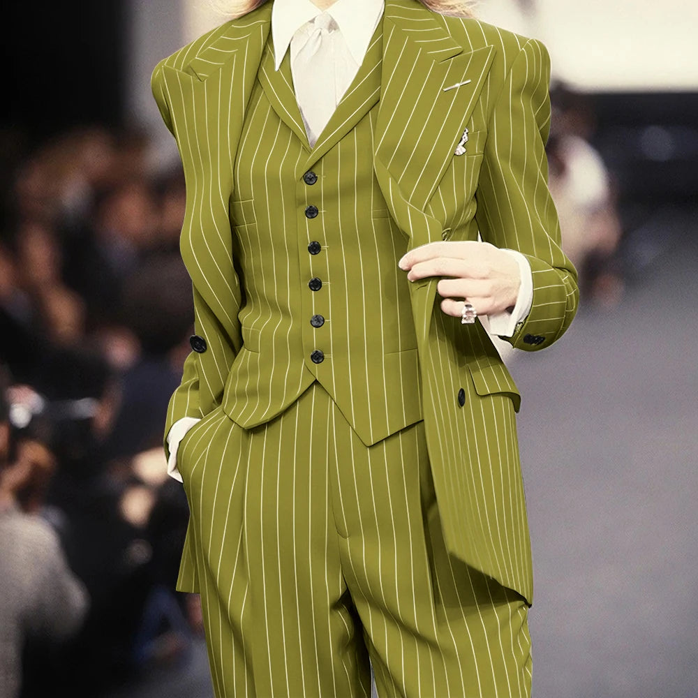Trending 2025 Brown Striped Women Suit Formal Double-breasted Peaked Lapel 3Pieces (Jacket+Pants+Vest) Business Office Lady Set
