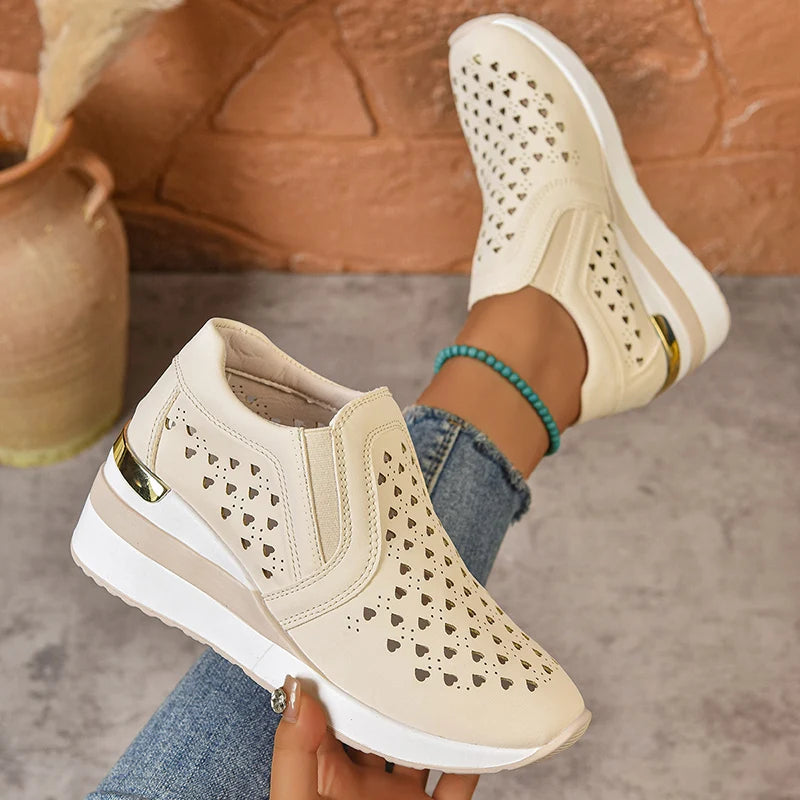 Hollow Out Breathable Wedge Sneakers for Women Lightweight Non Slip Vulcanize Shoes Woman Plus Size Comfort Slip On Casual Shoes