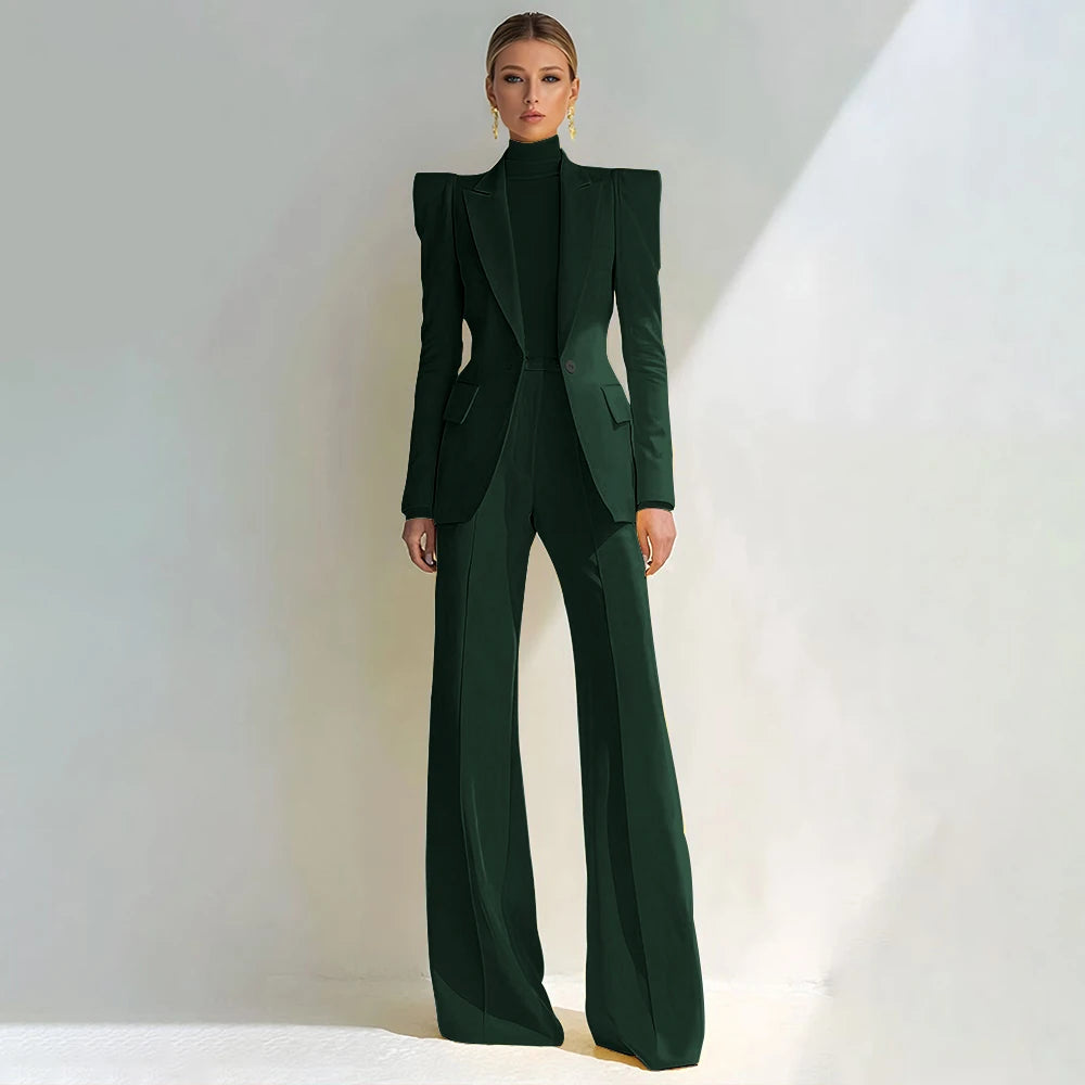 Professional Women's Red Suit Peaked Lapel Single Button Female Elegant Blazer and Flared Pants 2Piece Set Formal Office Wear