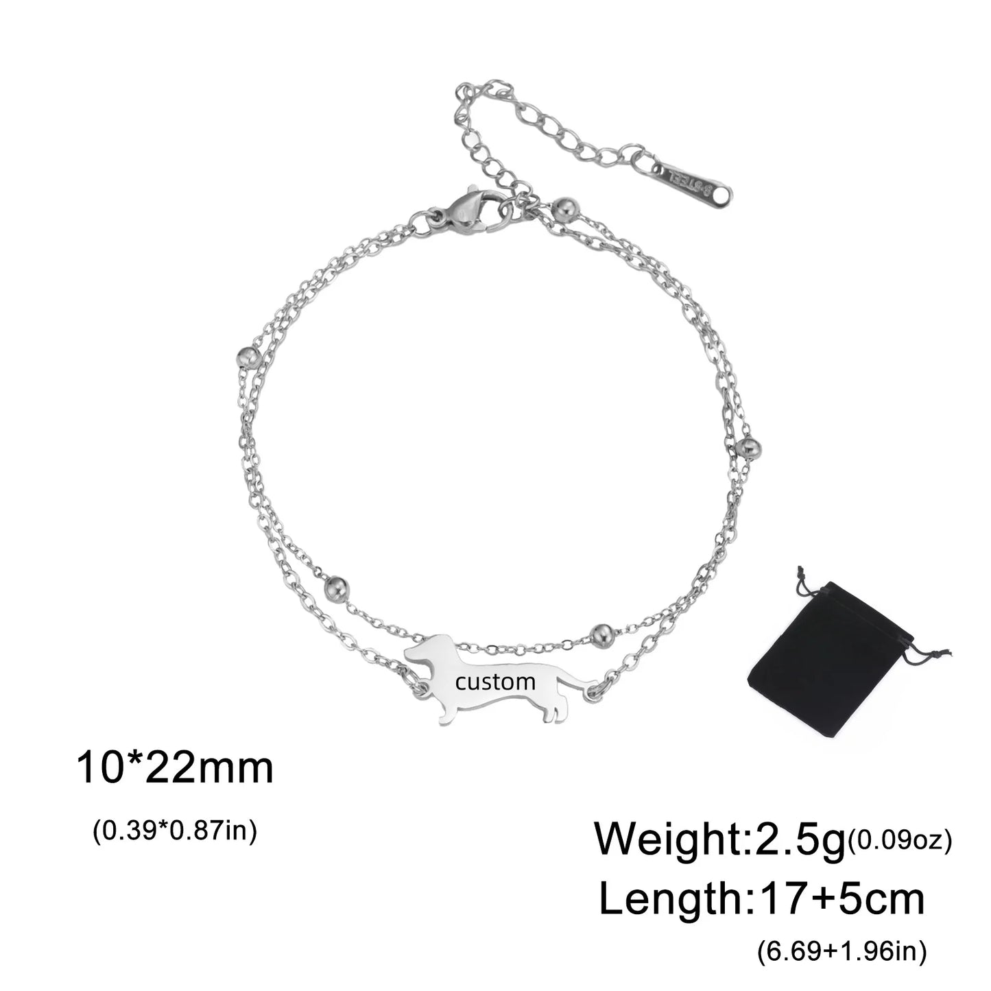 Customized Name Date Sausage Dog Charm Bracelet Stainless Steel Personalized Pet Sausage Dog Bracelet Jewelry Gift