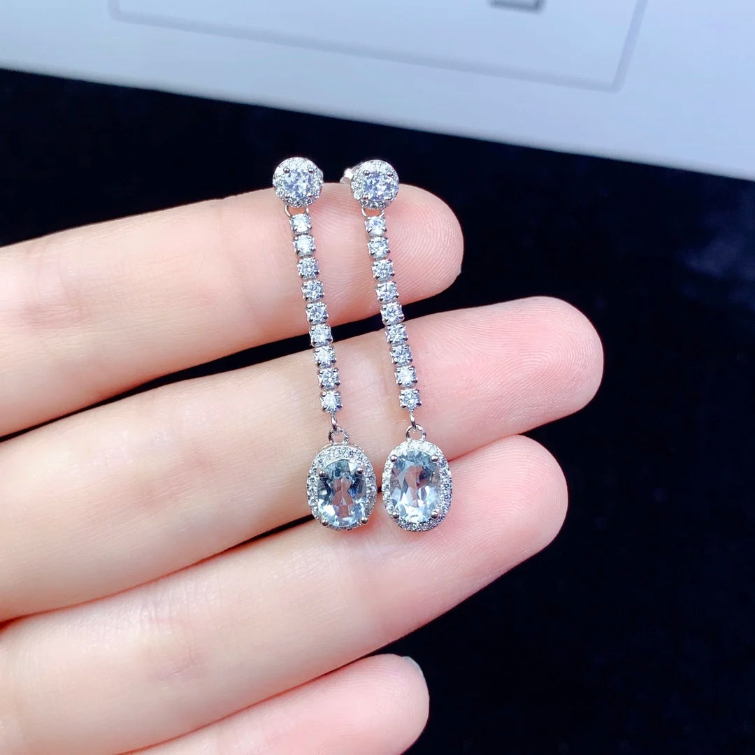 Natural Aquamarine Earrings Women's Silver 925 earrings Wedding Gems Free Shipping Earrings Sterling Certified Jewelry