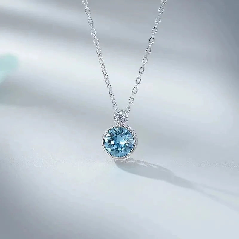 New 925 Sterling Silver Blue Round Necklace Simple Charm Geometric Shape Choker Birthday Gift Women's Fine Jewelry