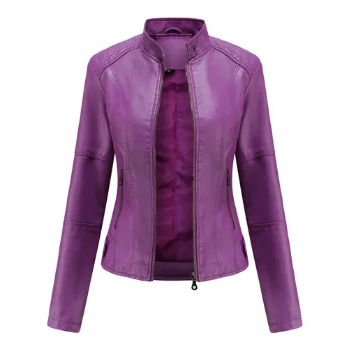 Women's Red PU Jacket, Vertical Collar Zipper Motorcycle Leather Coats,  Fashion Casual Coat Female Outerwear, Black Purple Top.