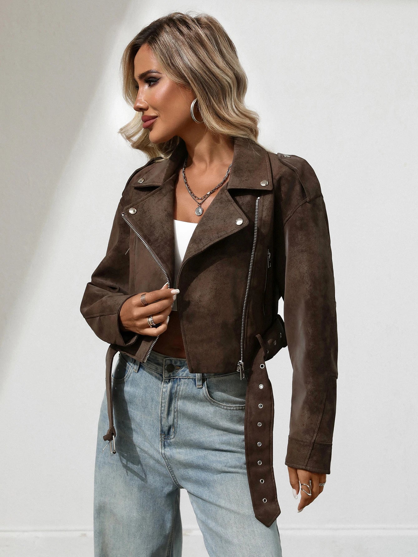 Women Faux Suede Leather Cropped Jacket Vegan Motor Biker Coat Bomber Causal Outwear with Belt