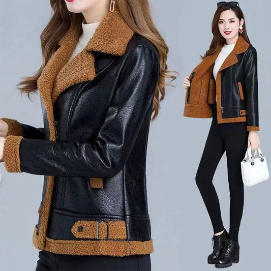 Women's Leather Coat Women's Autumn Winter New Motorcycle Short Fashion Leather Jacket Comfortable Warm Casual Solid Color Coat