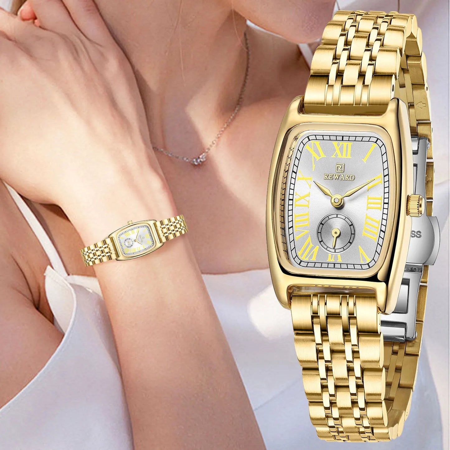 REWARD Luxury Elegant Rectangle Ladies Watch Waterproof Luminous Watch for Woman Stainless Steel Quartz Women's Watches with Box