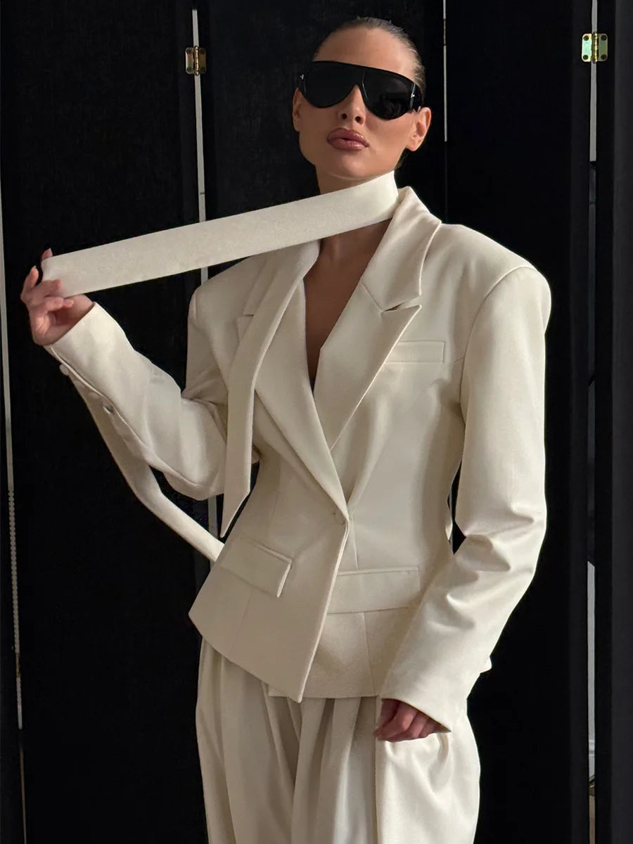 Wolfeel Women's Belted Neckline Tie Blazer Autumn Winter New Structured Shoulders Short Jacket Elegant Office Commuting Suits