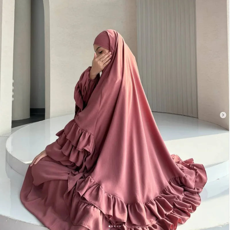 Eid Women Prayer Garment Dress 2 Piece Set Long Khimar Muslim Abaya Dubai Party Dresses Kaftan Robe Longue Vestidos Largos
