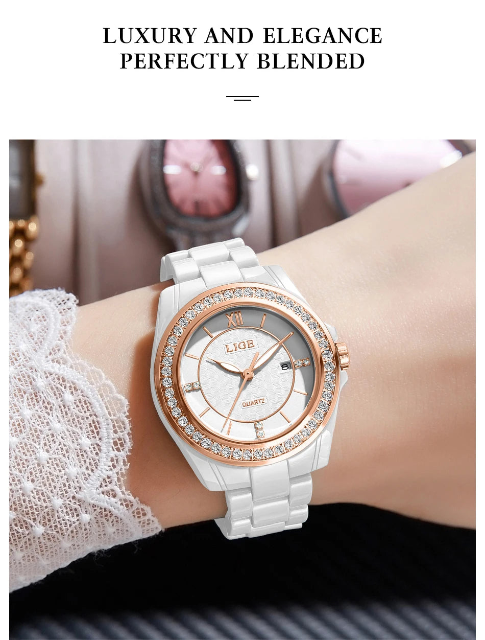 LIGE Luxury Woman Watch Waterproof Fashion Quartz Ladies Wristwatch Date Week Full Ceramic Women's Watches Relojs+GIFT Box