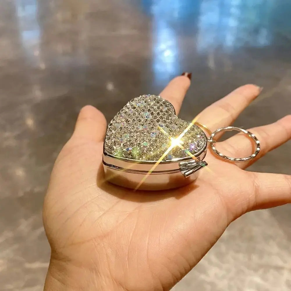 Shiny Rhinestone Mini Metal Pill Box Portable Blingbling Travel Pill Organizer Heart Shape Moisture-proof Medicine Storage Box