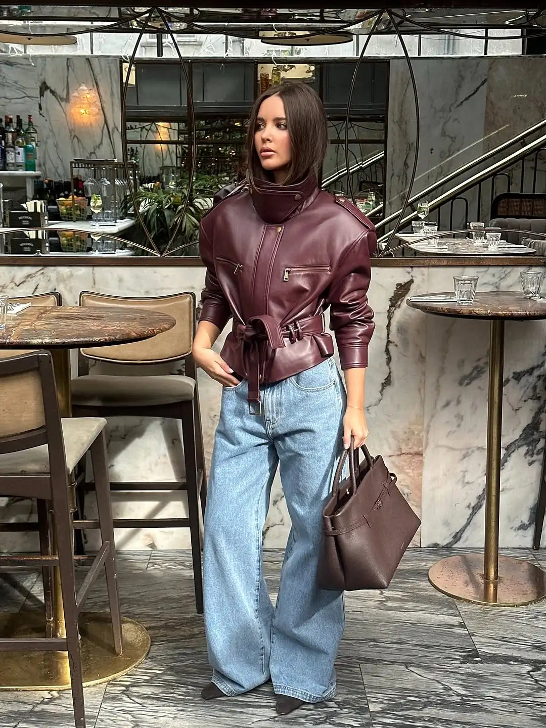 Burgundy Lace-Up Leather Jacket | Faeva London