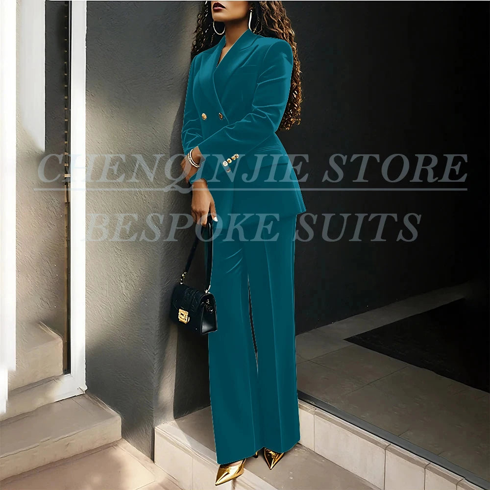 Luxury Green Velvet Women's Suits Fashion Double Breasted Peak Lapel Slim Fit Female Clothing Customzied 2 Piece Jacket Pants
