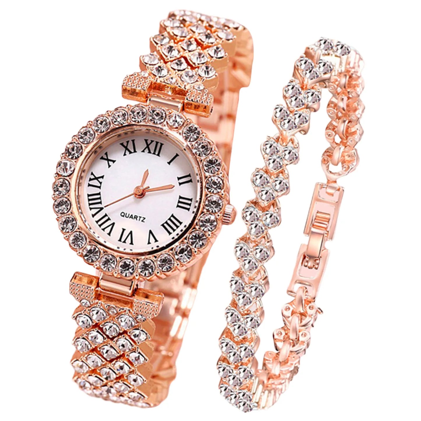 Rose Gold Watch Luxury Rhinestone Fashion Women Ladies Quartz 2pcs Elegant Diamond Wristwatch Female Bracelet Set Gift Watches