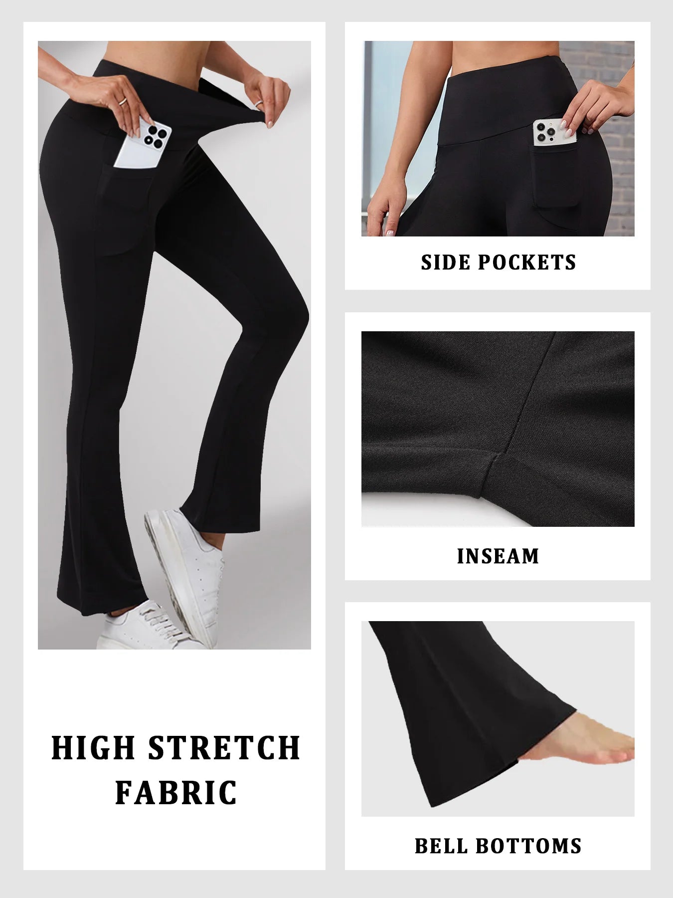 Women's Super Soft Flare Pants with Pockets, High Waisted Tummy Control Workout Yoga Push Up Gym Fitness Leggings Bell Bottoms