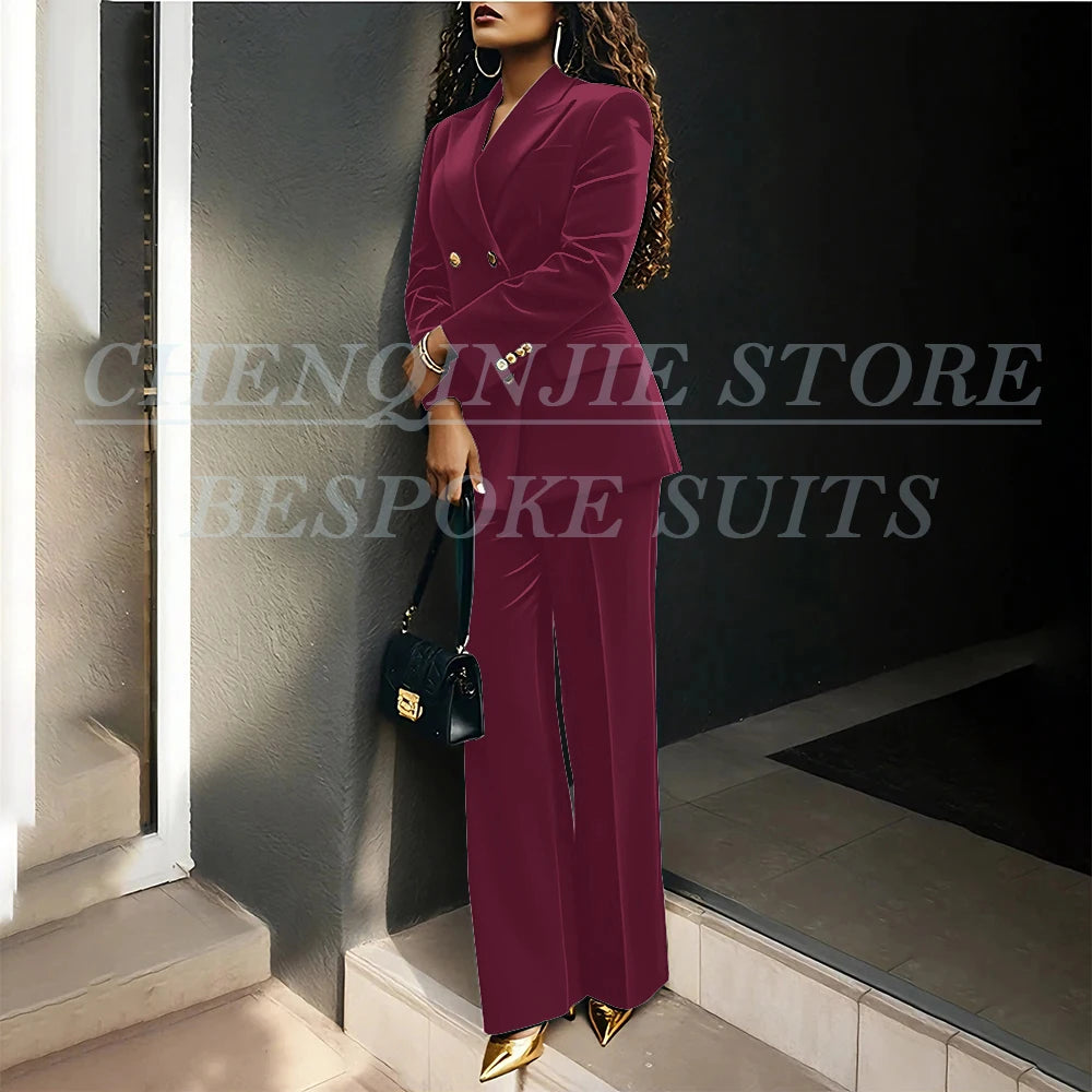 Luxury Green Velvet Women's Suits Fashion Double Breasted Peak Lapel Slim Fit Female Clothing Customzied 2 Piece Jacket Pants