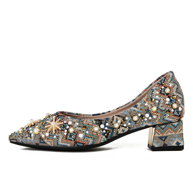 Pointed Toe High Heels for Women 2025 New Ladies Retro Style Rhinestone Decorate Party Dress Pumps Plus Size 34-43 Zapatos Mujer
