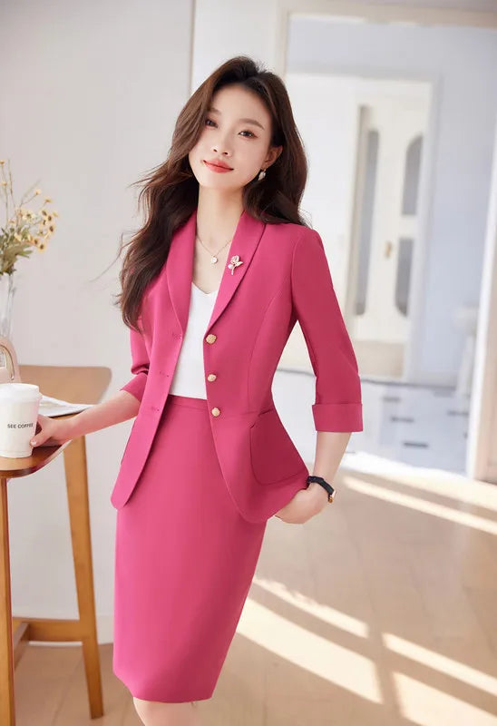 NAVIU Office Lady Skirt Suits French Style Two Piece Set Women Half Sleeve Single Breasted Short Blazer + Skirt 2 Piece Outfits