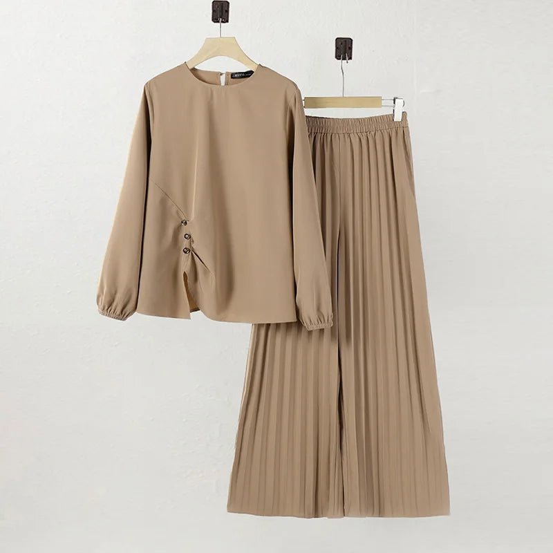 ZANZEA Women 2025 Autumn Matching Sets Casual Long Sleeve Tops Trousers Suit Muslim Outfits 2 Pieces Sets Solid Loose Tracksuit