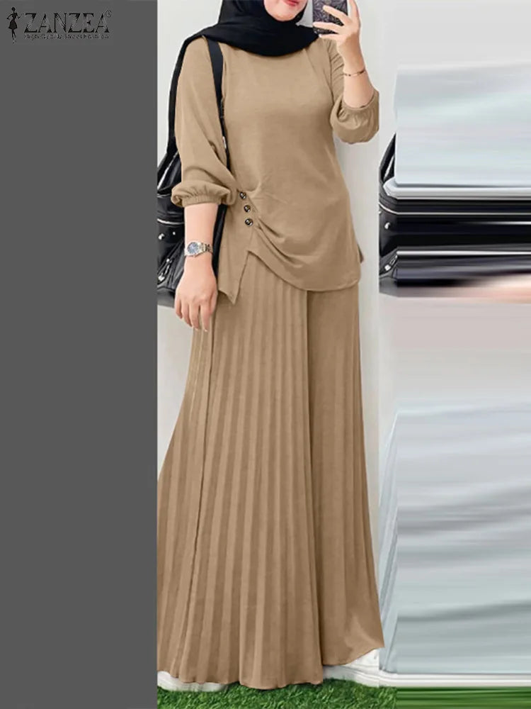 ZANZEA Women 2025 Autumn Matching Sets Casual Long Sleeve Tops Trousers Suit Muslim Outfits 2 Pieces Sets Solid Loose Tracksuit