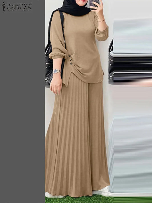 ZANZEA Women 2025 Autumn Matching Sets Casual Long Sleeve Tops Trousers Suit Muslim Outfits 2 Pieces Sets Solid Loose Tracksuit