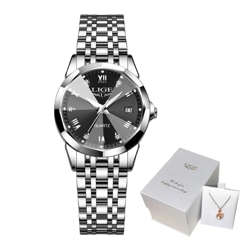 LIGE 2026 Women's Watch Luxury Gift quartz wristwatch Waterproof Calendar Stainless Steel Ladies Luminous Clock montre femme+BOX
