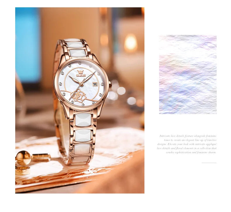 OLEVS 3606 Women's Watch Luxury Quartz Japanese Movement Watch Exquisite Rose Waterproof dial Elegant Ceramic Women's Watch