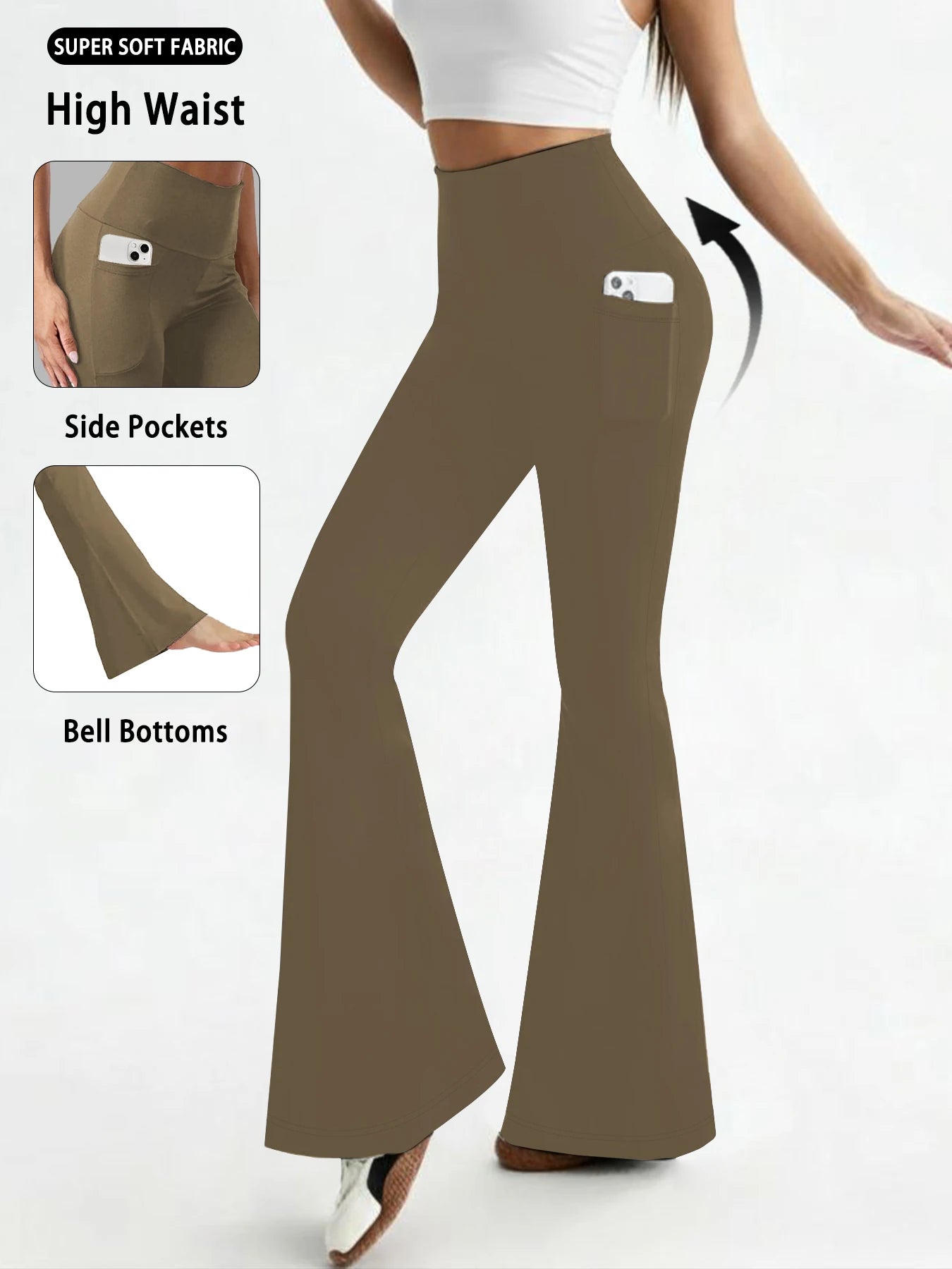 Women's Super Soft Flare Pants with Pockets, High Waisted Tummy Control Workout Yoga Push Up Gym Fitness Leggings Bell Bottoms
