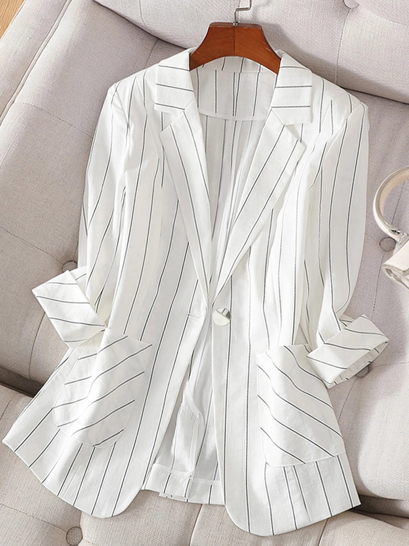 New Summer Style Women's 3/4 Sleeve Striped Lightweight Blazer - Elegant Sophisticated Versatile Fashion suit jacket