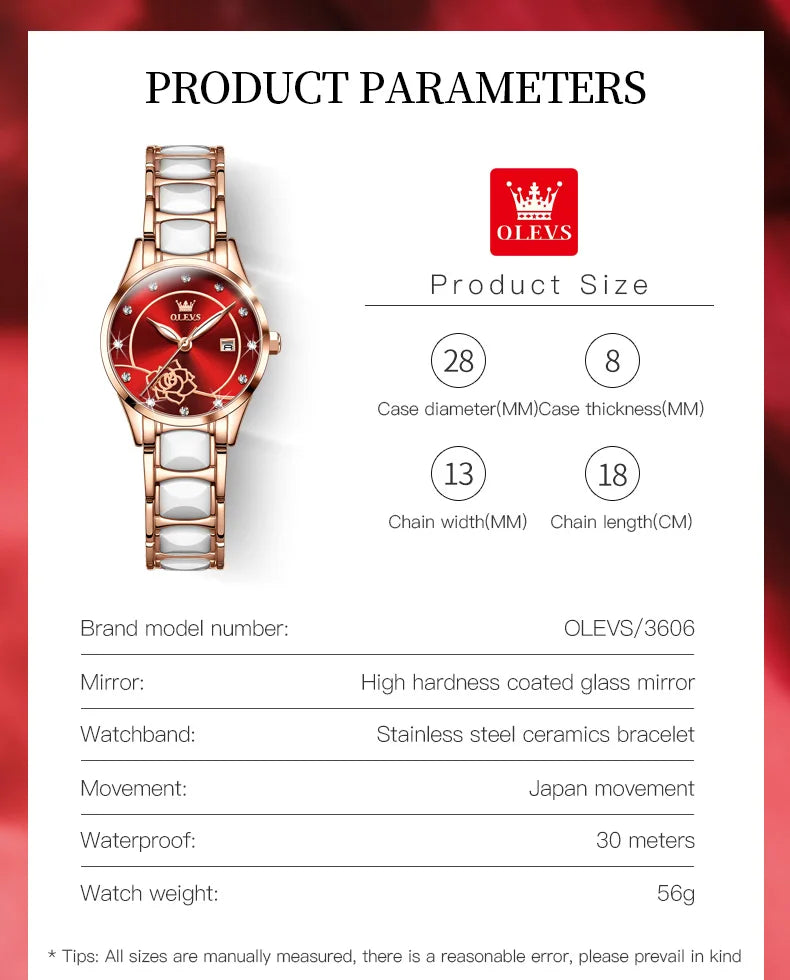 OLEVS 3606 Women's Watch Luxury Quartz Japanese Movement Watch Exquisite Rose Waterproof dial Elegant Ceramic Women's Watch