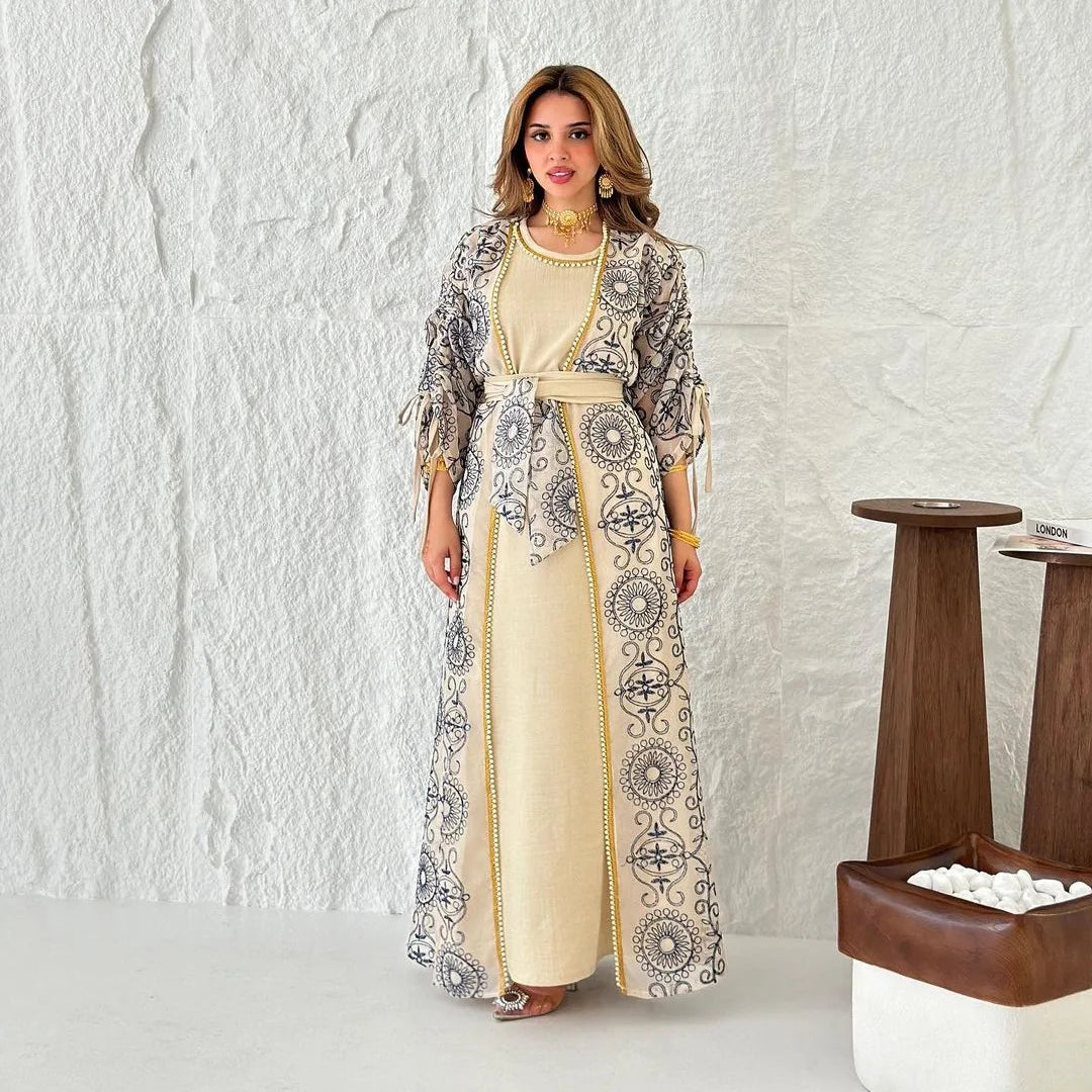 Jalabiya Muslim Dress Middle East Woman Robe Two-piece Set Saudi Arabia Dubai Abaya  Evening Dresses Real Picture